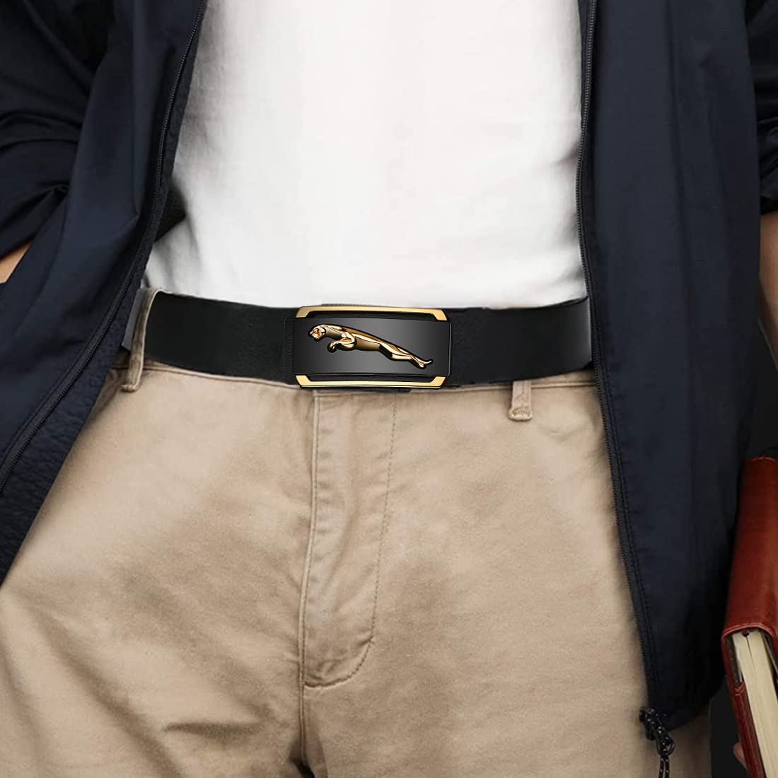 GUSTAVE Men's Belt Adjustable Auto with Lock Buckle Belt Black Belt for Men Leather Belt, Fashion Golden Leopard Pattern Design-Long 125cm GUSTAVE Men's Belt Adjustable Auto with Lock Buckle Belt Black Belt for Men Leather Belt, Fashion Golden Leopard Pattern Design-Long 125cm